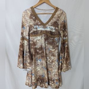 Brown Paisley Print Flare Sleeve Dress Size 6 Medium